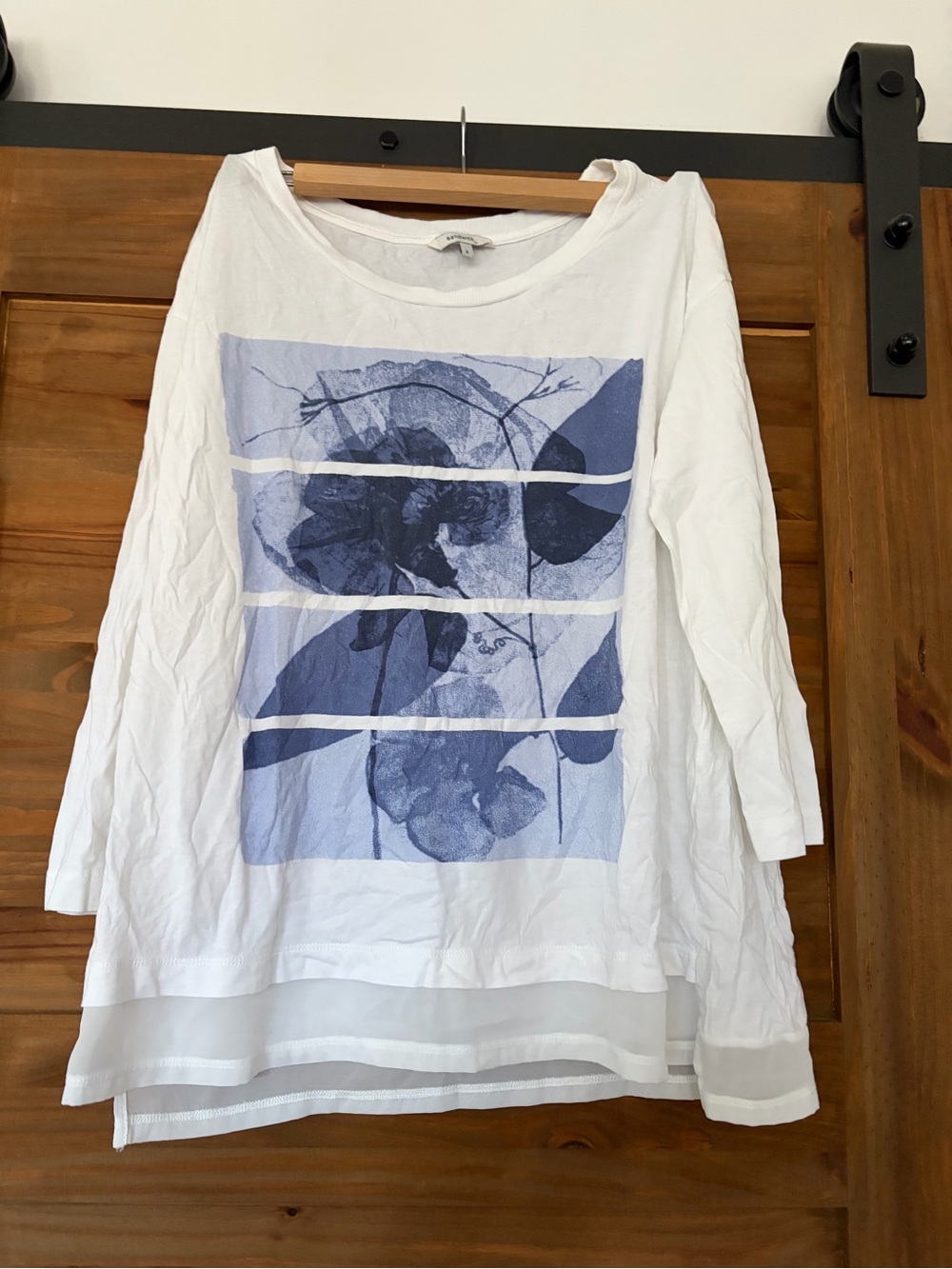 Women's White Long Sleeve Top with Blue Floral Print